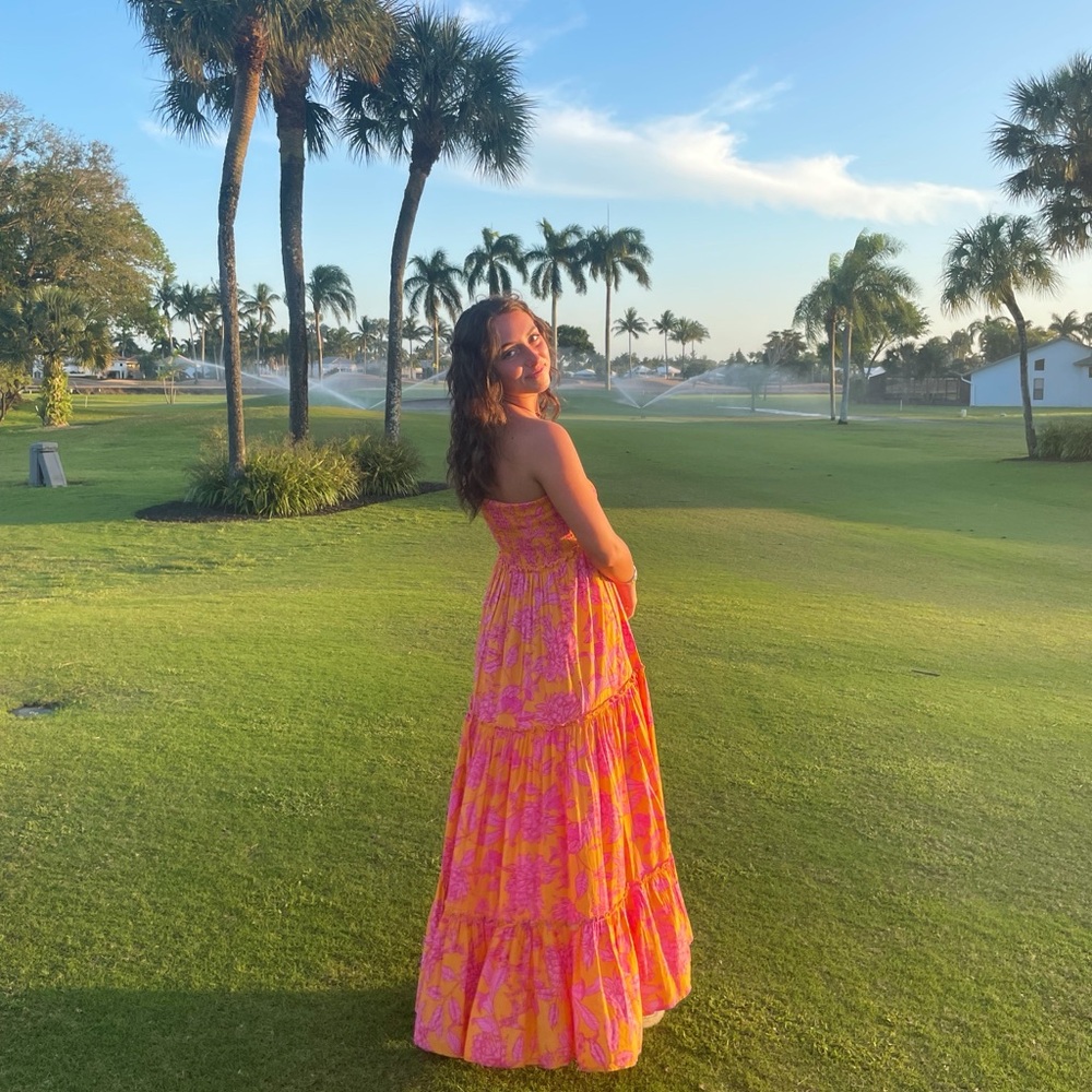 Anthro Pink & Orange Floral XS Strapless Maxi Dress